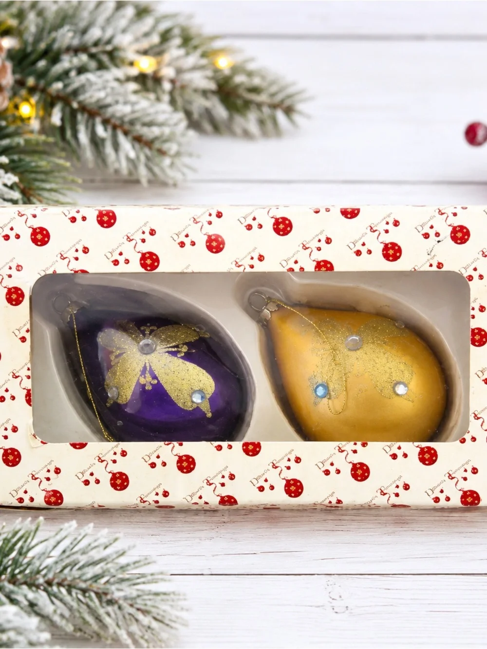 Vintage Dillard’s Glass Teardrop Christmas Ornaments Set 2 Purple Gold Box